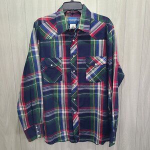 Men's Wrangler Western Pearl Snap Button Long Sleeve Plaid Shirt Size L Plaid
